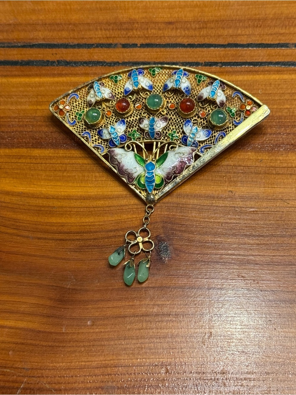 Vintage Chinese Silver Enamel Filigree Gilt Fan Butterfly Brooch Stones